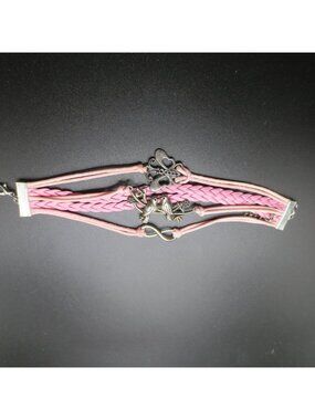 Pink Delicate Multi-string Silver Tone Leather & Satin Birds Butterfly Infinity